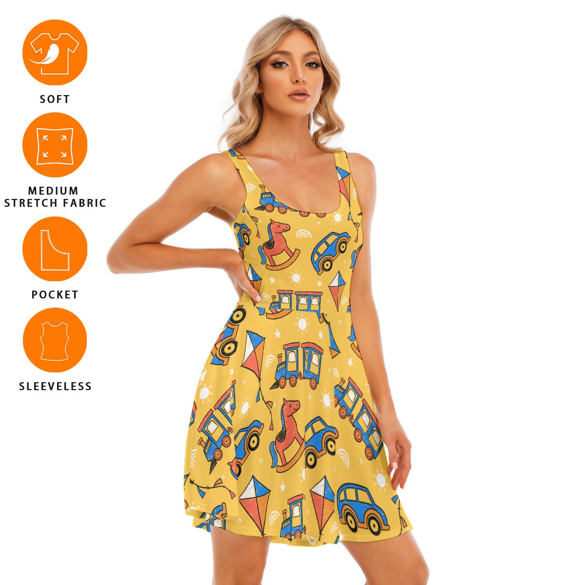 "Playful Toy Print Sleeveless Dress – Adorably Fun and Comfortable"