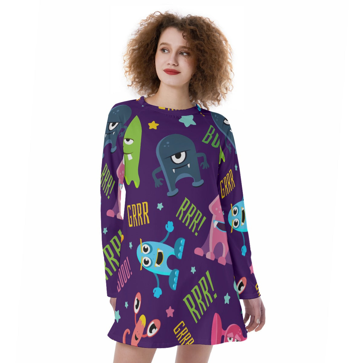 "Monster Mania Long-Sleeve Dress – Fun, Playful, and Comfortable"